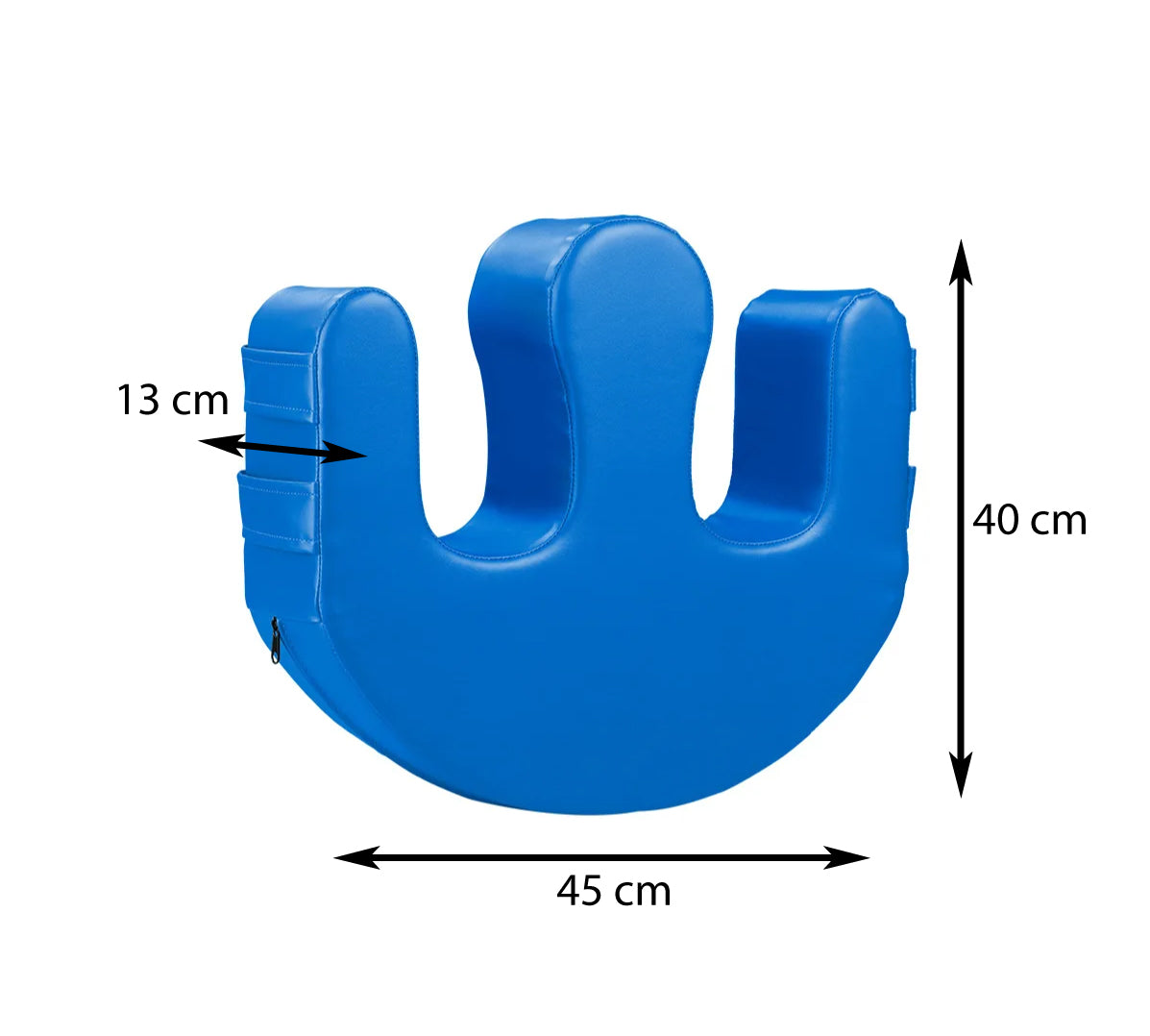 Blaues ergonomisches Lagerungskissen mit den Maßen 45 cm Länge, 40 cm Höhe und 13 cm Breite, ideal für Pflegeanwendungen.