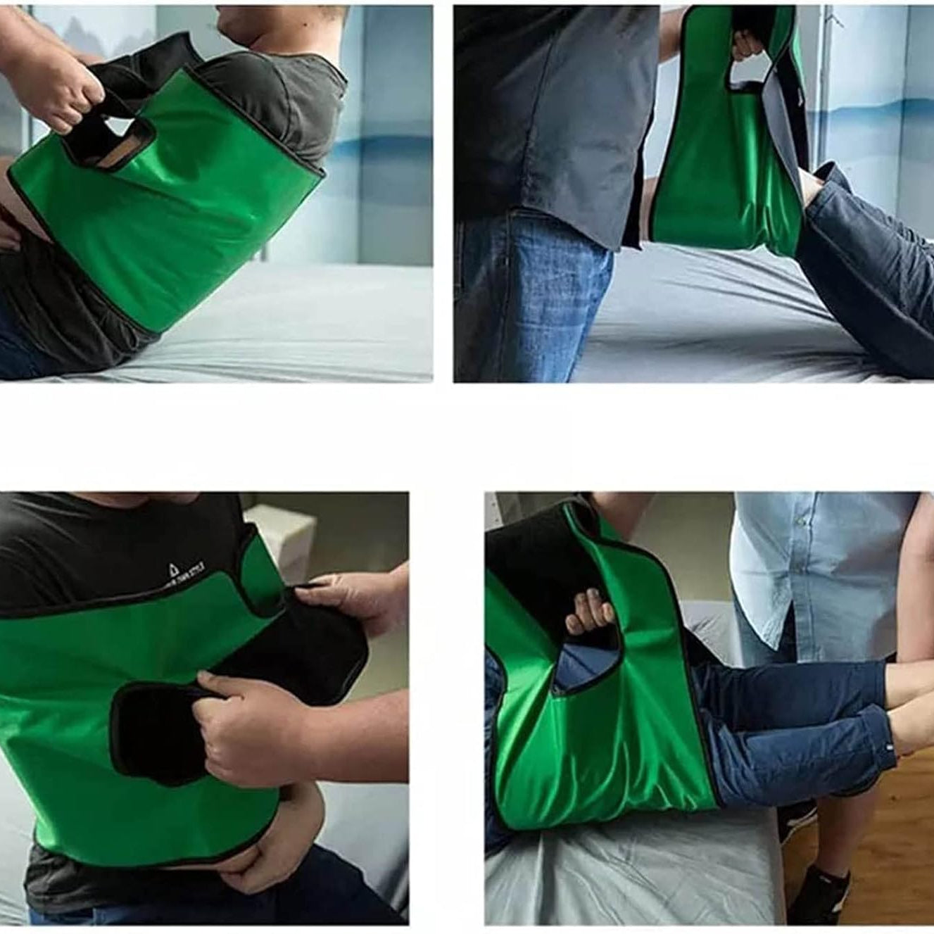 Collage zeigt die Anwendung des GeniusHealth Transfergurts beim Aufrichten, Umsetzen und sicheren Halten pflegebedürftiger Personen – rückenschonend und leicht anwendbar.