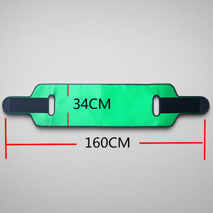 Pflege-Transfergurt in Grün mit Maßangaben 160x34 cm auf hellem Hintergrund – zeigt Größe und ergonomisches Design für sicheres Aufrichten und Umsetzen.